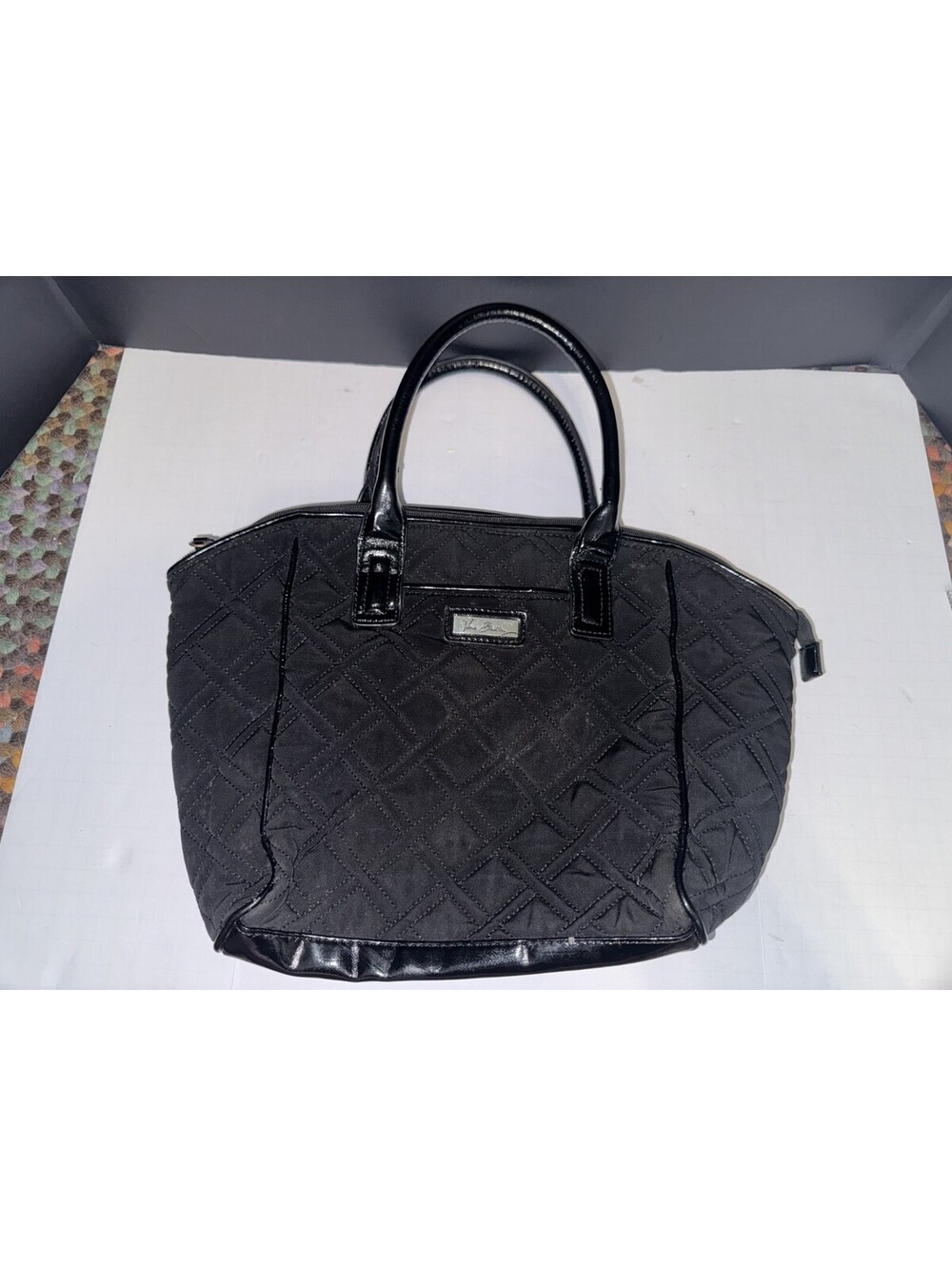 Vera Bradley Trapeze Tote Handbag Crossbody Strap Large Black Faux Leather Trim